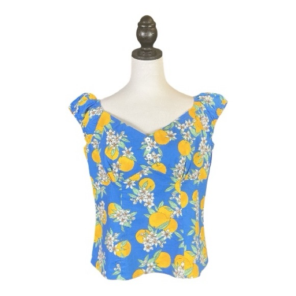 Hell Bunny Retro Blue Valencia Orange Blossom Floral Short Sleeve Top XL - Picture 2 of 10